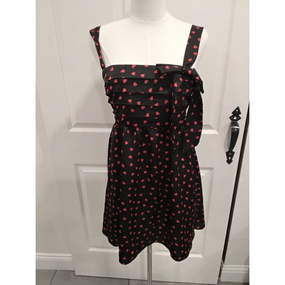 Francescas Black Red Hearts Print‎ Mini Dress Bow Tie Straps Smocked Back S